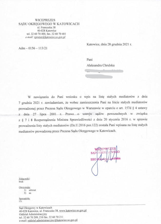 wpis na listę stałych mediatorów SO w Katowicach_