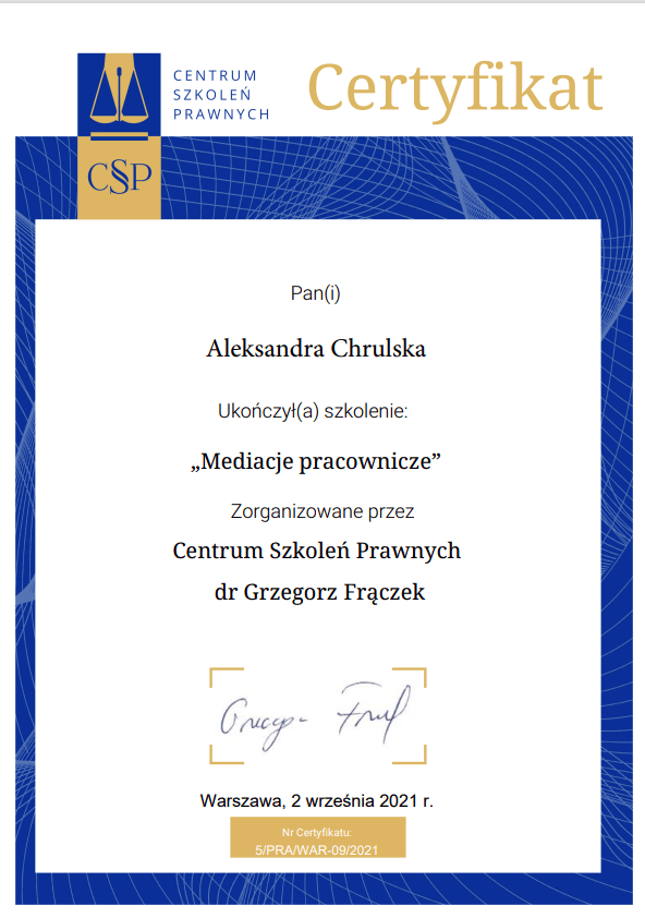 Certyfikat mediacje pracownicze