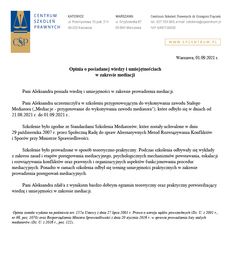 Opinia o uprawnieniach do prowadzenia mediacji