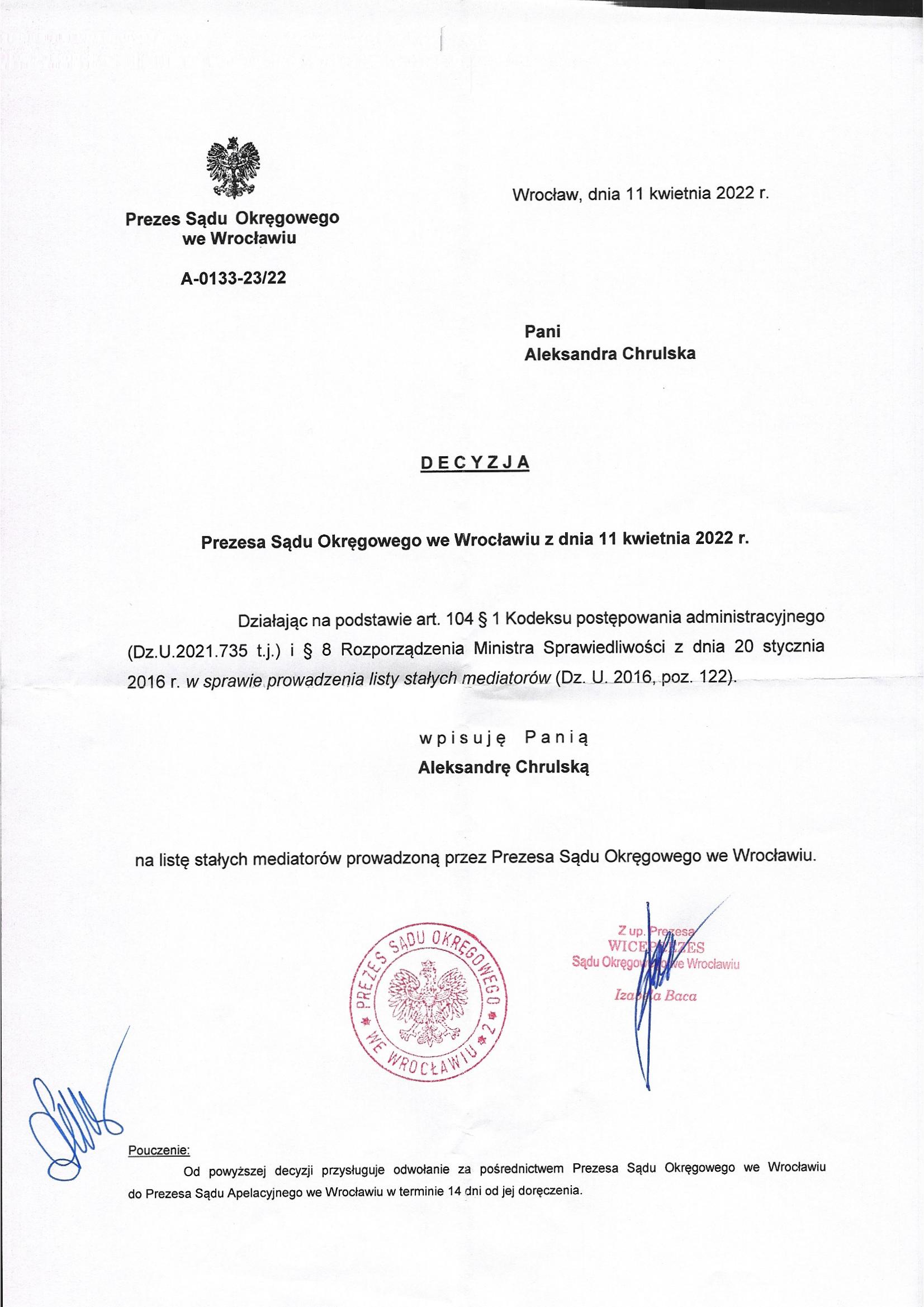 wpis na listę stałych mediatorów SO Wrocław