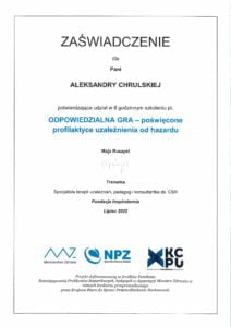 zaświadczenie_odpowiedzialna gra_szkolenie_Aleksandra Chrulska